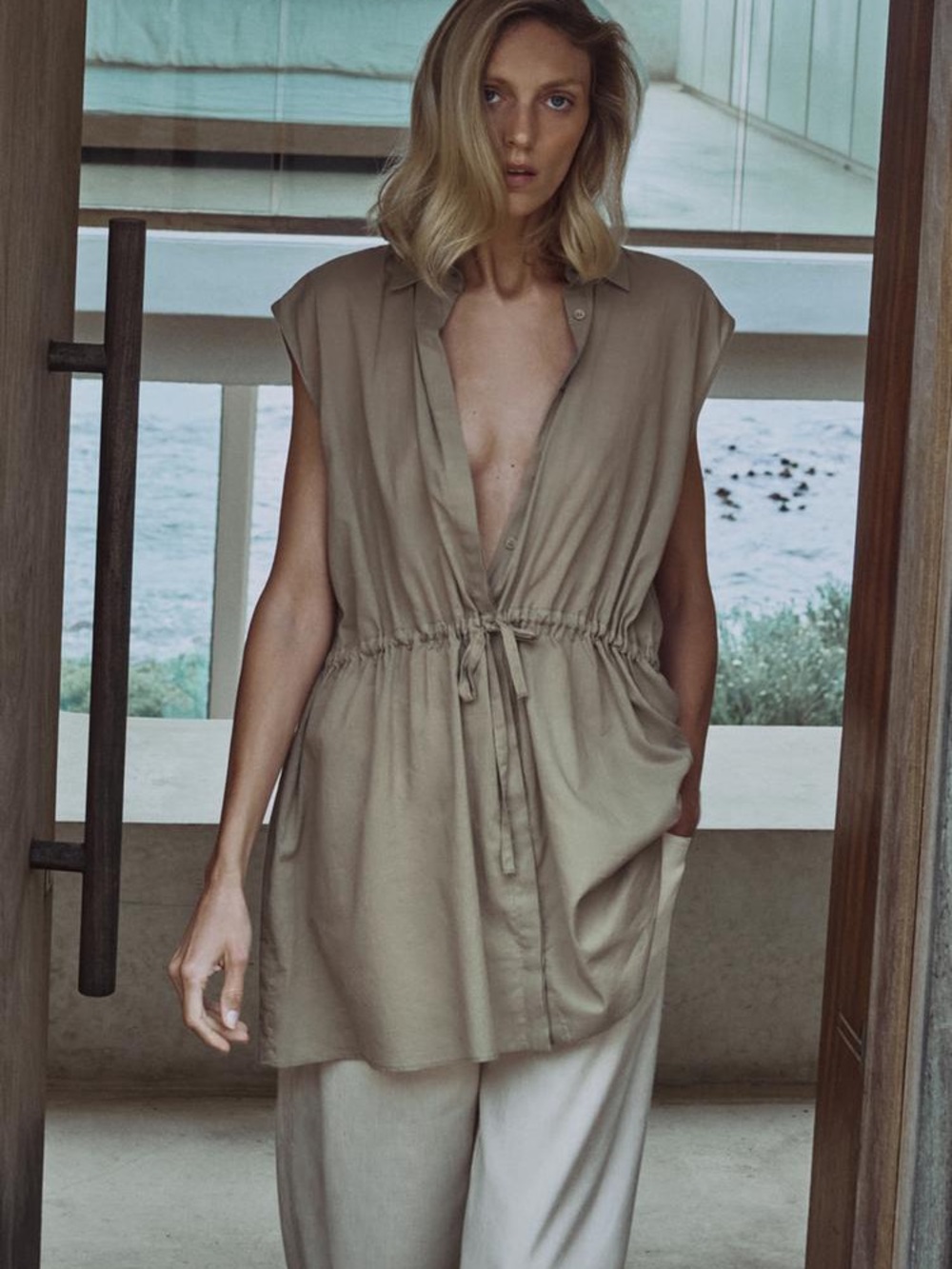 ZARA Green Button-Front Sleeveless Shirtdress
